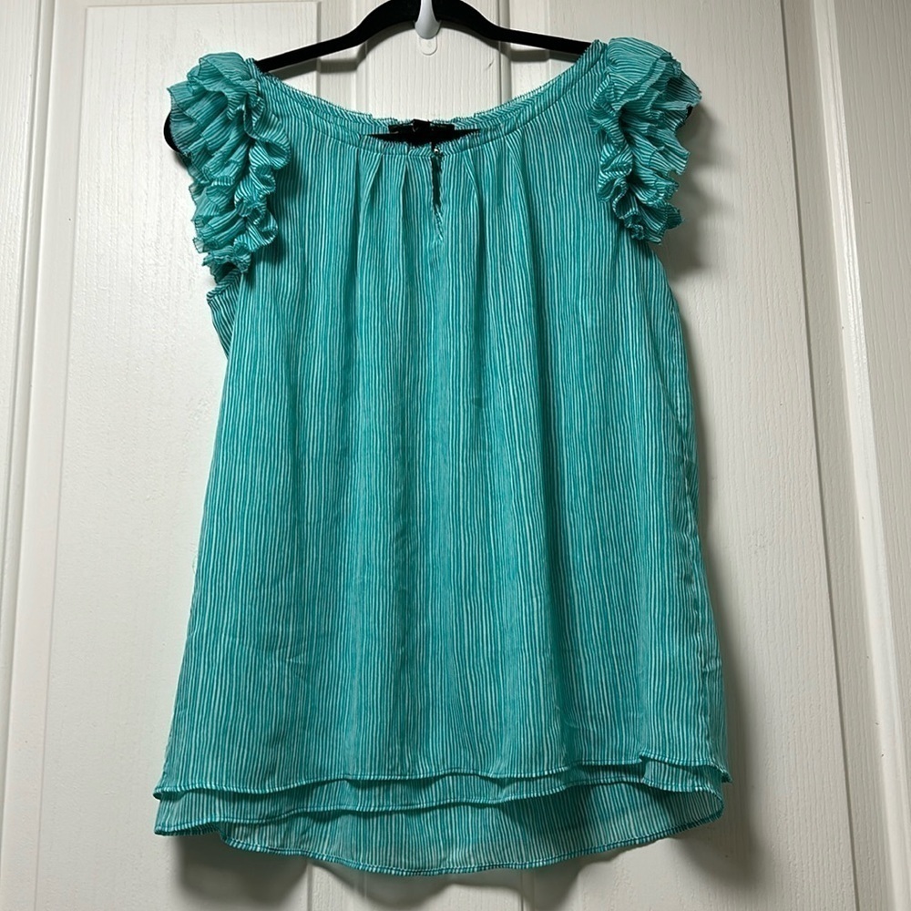 BANANA REPUBLIC Teal/ White Stripe Ruffle Sleeveless Top Size Small